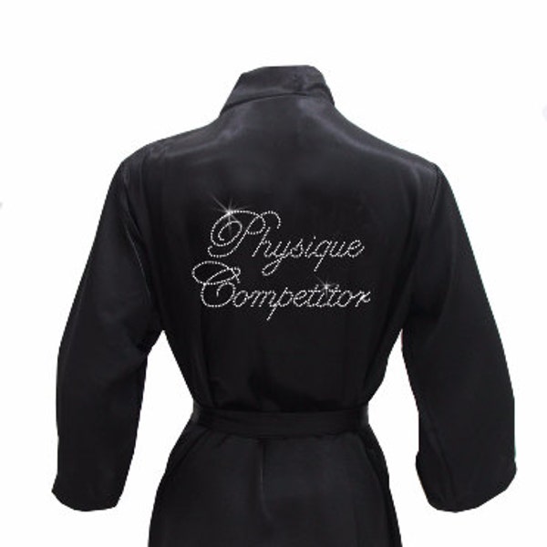 Physique Competitor Robe with Rhinestone Crystals - Physique Competition Cover Up, Competition satin robe coverup, body builder satin robe