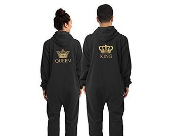 King and Queen Matching Fleece Lounger Set, Adult Onesies with King and Queen Embroidered in Metallic Gold on the Back