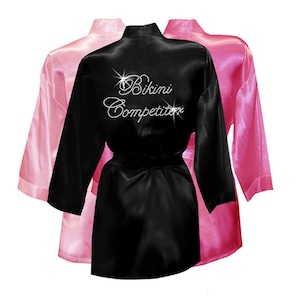 Bikini Competitor Robe with Rhinestone Crystals - Competition Bikini Cover Up, Competition satin robe coverup, body builder satin robe cover