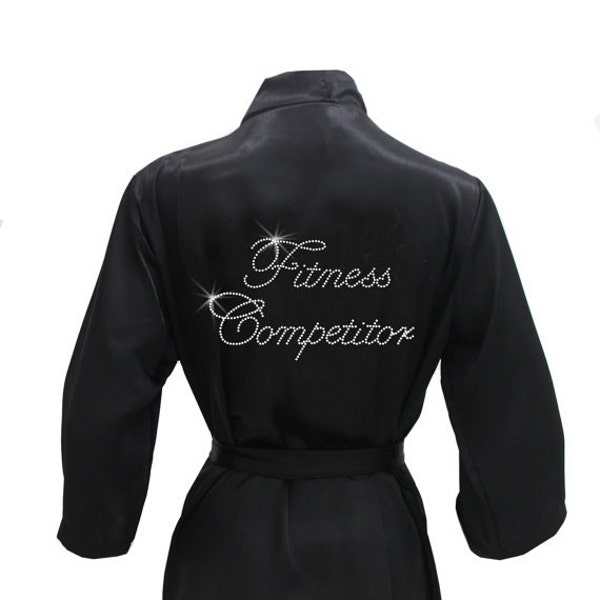 Fitness Competitor Robe with Rhinestone Crystals - Fitness Competition Cover Up, Competition satin robe coverup, body builder satin robe