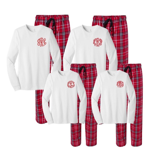 Monogrammed Flannel Red Plaid Pajamas, Personalized Matching family Pajamas, Adult cozy soft pjs for Valentine's Day, Party pjs, holidays