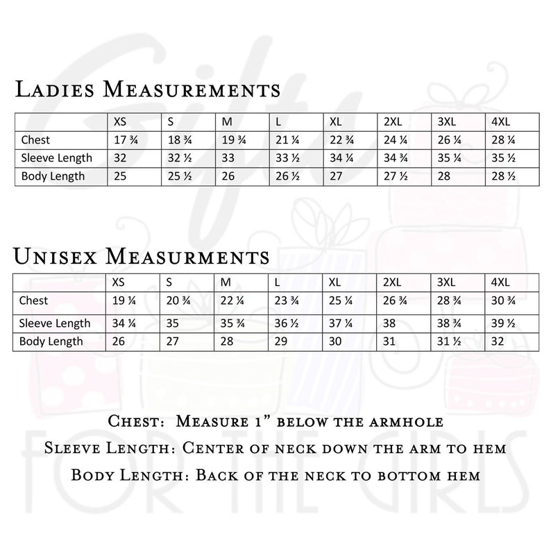 May include: A chart with size measurements for ladies and unisex clothing. The chart includes measurements for chest, sleeve length, and body length in inches. The sizes range from XS to 4XL.
