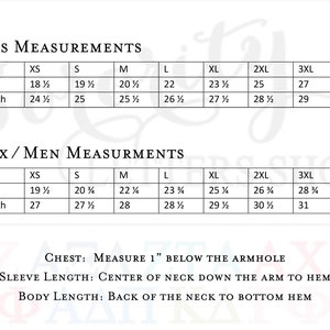 May include: A chart showing size measurements for ladies and unisex clothing. The chart includes measurements for chest and body length in inches. The sizes listed are XS, S, M, L, XL, 2XL, 3XL, and 4XL.