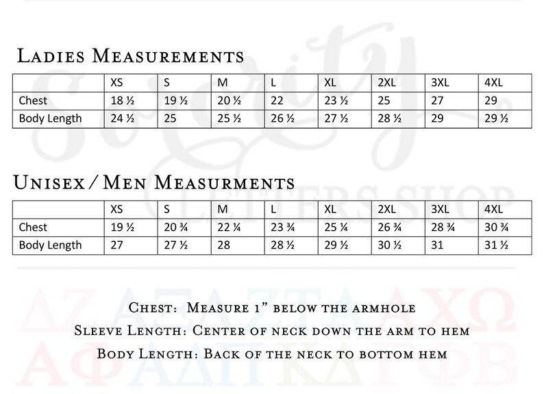 May include: A chart showing size measurements for ladies and unisex clothing. The chart includes measurements for chest and body length in inches. The sizes listed are XS, S, M, L, XL, 2XL, 3XL, and 4XL.