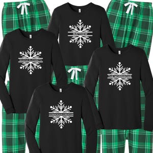 Snowflake Personalized Family Pajamas, Custom Name Let It Snow PJS, Green plaid flannel, Matching Family Pajamas, Christmas 2022 Sleepwear