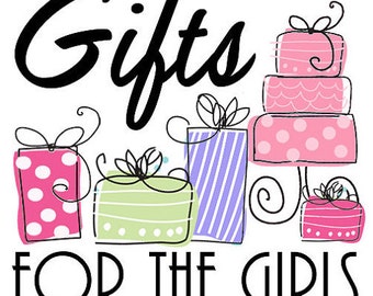 以下が含まれることがあります： 「Gifts」の文字が遊び心のあるフォントで描かれ、カラフルなギフトボックスと多層ケーキの上に配置されたイラスト。 「FOR THE GIRLS」というフレーズが太字で下に書かれています。 ギフトはピンク、緑、紫です。