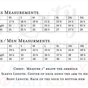 May include: A chart showing size measurements for ladies and unisex clothing. The chart includes measurements for chest, sleeve length, and body length in inches. The sizes range from XS to 4XL.