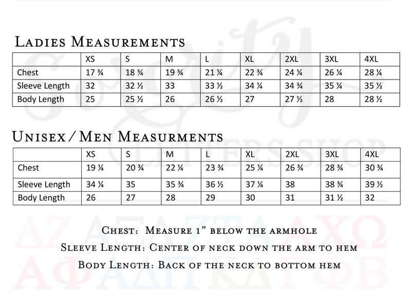 May include: A chart showing size measurements for ladies and unisex clothing. The chart includes measurements for chest, sleeve length, and body length in inches. The sizes range from XS to 4XL.