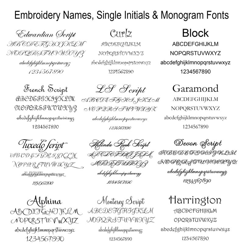 Puede incluir: Un gr&aacute;fico que muestra diferentes estilos de fuente de bordado, incluyendo Edwardian Script, Curlz, Block, French Script, LS Script, Garamond, Tuxedo Script, Helinda Rook Script, Devon Script, Alphina, Monterey Script y Harrington. Cada estilo de fuente muestra el alfabeto en letras may&uacute;sculas y min&uacute;sculas, as&iacute; como los n&uacute;meros del 1 al 9 y el 0.