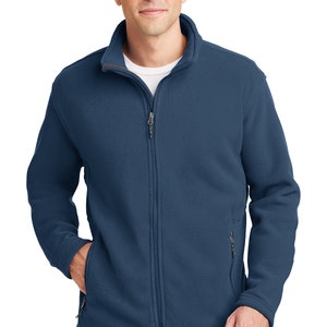 May include: A blue fleece jacket with a zipper closure and two zippered pockets. The jacket has a stand-up collar.