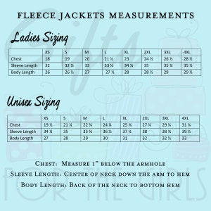 May include: A chart showing fleece jacket sizing for both men and women. The chart includes measurements for chest, sleeve length, and body length in inches. The chart is on a light blue background with a white border.