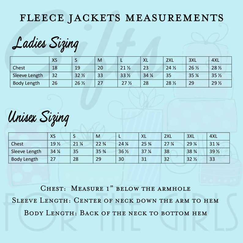 May include: A chart showing fleece jacket sizing for both men and women. The chart includes measurements for chest, sleeve length, and body length in inches. The chart is on a light blue background with a white border.