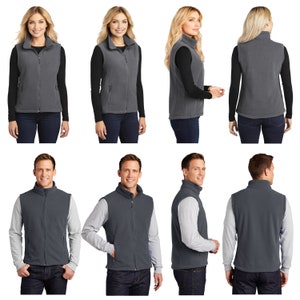 May include: A gray fleece vest with a zipper closure. The vest has two pockets on the front and a stand-up collar.