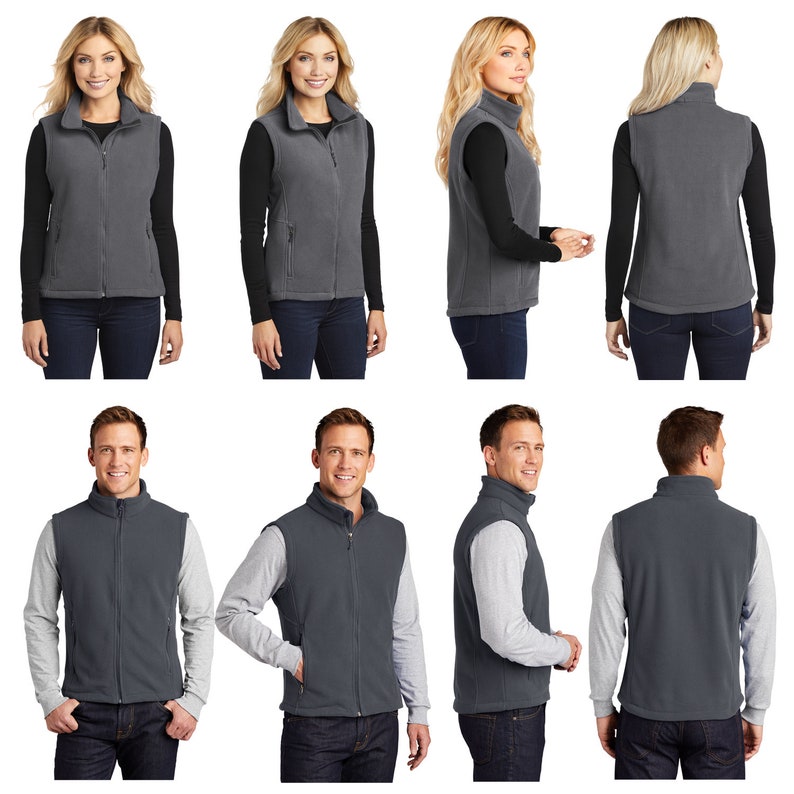 May include: A gray fleece vest with a zipper closure. The vest has two pockets on the front and a stand-up collar.