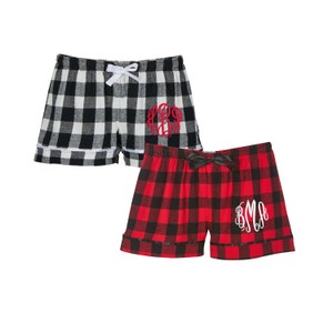 Christmas Boxers for Women, Monogrammed Flannel Boxer Shorts, personalized sleep bottoms, custom pj shorts Loungewear clothing apparel gifts