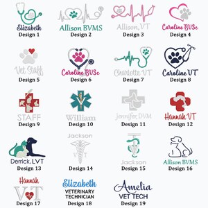 May include: A collection of 19 embroidery designs for veterinary professionals. The designs feature various symbols, including hearts, paw prints, stethoscopes, and medical crosses. Some designs include text such as "Vet Staff", "Caroline BUSc", "Hannah VT", and "Elizabeth Veterinary Technician".