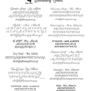 Pu&ograve; includere: Un grafico di font da ricamo con diversi stili, tra cui Lavender Script, Stylish, RC Script, Izzy Script, Tuxedo Script, Copper, Edwardian Script, Harrington, PT Block, Amanda Script, Georgia e Hobo. Ogni stile di font &egrave; mostrato con l'alfabeto in lettere maiuscole e minuscole.