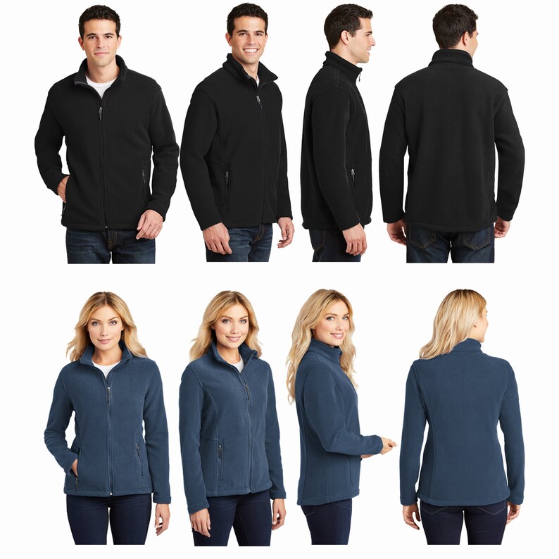 May include: Two different color fleece jackets, one black and one blue, shown in four different views. The jackets have a zipper closure, two pockets, and a stand-up collar.