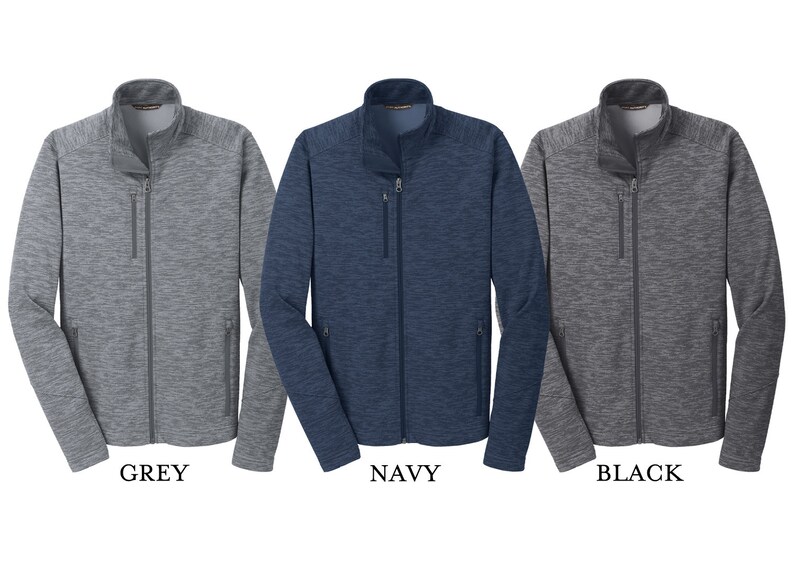 May include: Three zippered jackets in grey, navy, and black. The jackets have a heathered pattern and are made of a soft, comfortable fabric.