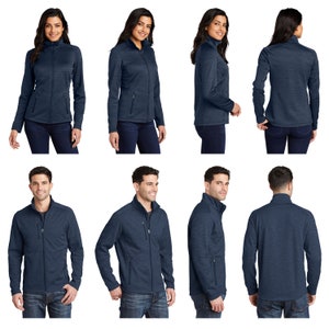 May include: A navy blue fleece jacket with a zipper closure and two front pockets. The jacket is shown on six models, three women and three men, in various poses.