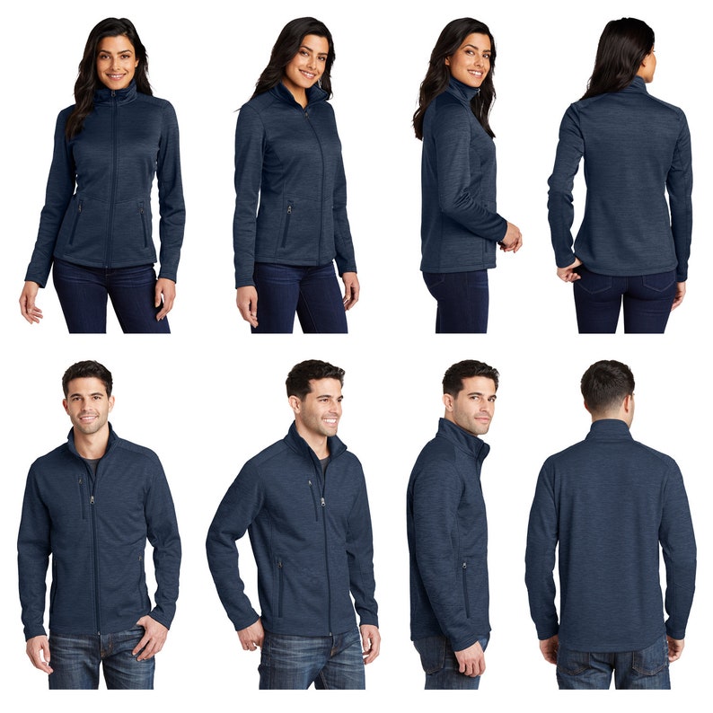 May include: A navy blue fleece jacket with a zipper closure and two front pockets. The jacket is shown on six models, three women and three men, in various poses.