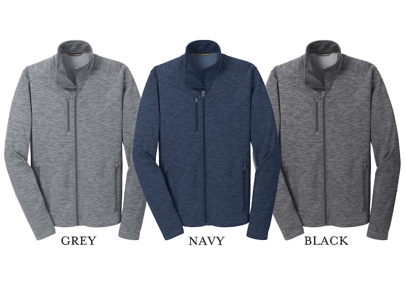 May include: Three zippered jackets in grey, navy, and black with a heathered pattern.