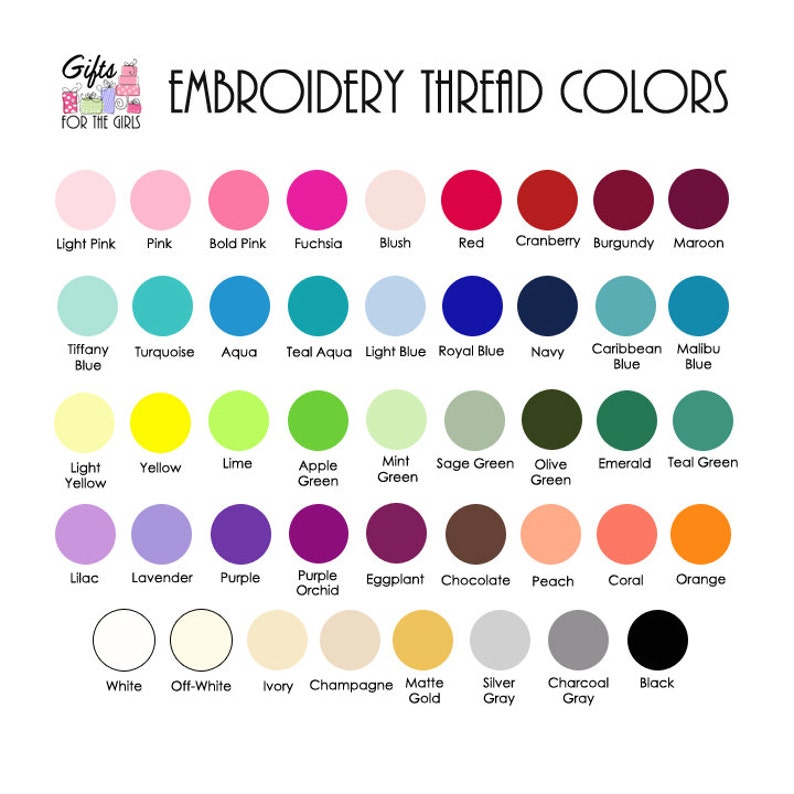 Puede incluir: Una tabla de colores de hilo para bordar con los nombres de cada color. Los colores est&aacute;n dispuestos en filas y columnas. Los colores incluyen rosa claro, rosa, rosa intenso, fucsia, rubor, rojo, ar&aacute;ndano, burdeos, marr&oacute;n, azul Tiffany, turquesa, aguamarina, aguamarina turquesa, azul claro, azul real, azul marino, azul caribe&ntilde;o, azul Malibu, amarillo claro, amarillo, lima, verde manzana, verde menta, verde salvia, verde oliva, esmeralda, verde azulado, lila, lavanda, morado, orqu&iacute;dea morada, berenjena, chocolate, melocot&oacute;n, coral, naranja, blanco, blanco roto, marfil, champ&aacute;n, oro mate, gris plateado, gris antracita y negro.