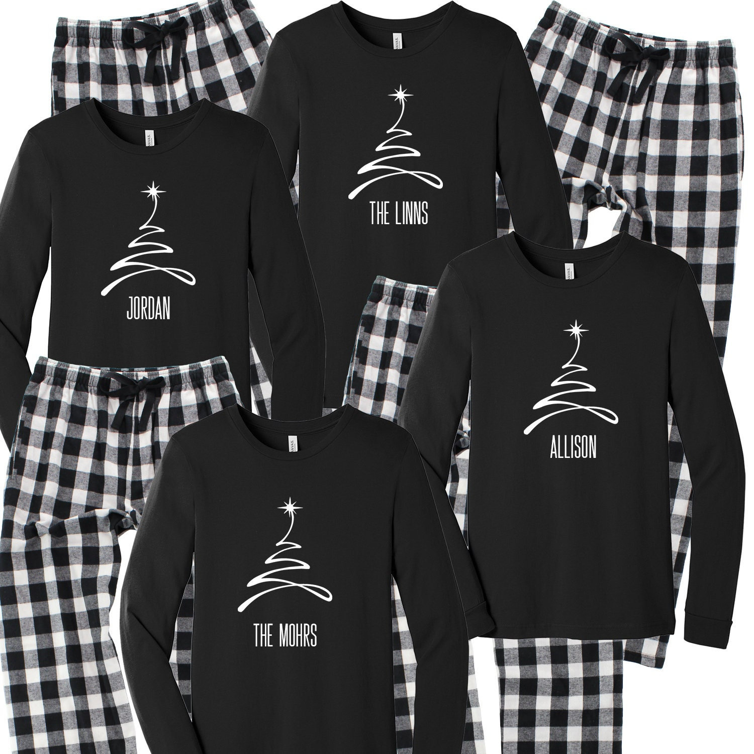 Christmas Tree Pajamas Personalized Family Pjs Matching Family Pajamas Xmas Sleepwear Merry Christmas 2023 Black White Plaid Flannel Etsy