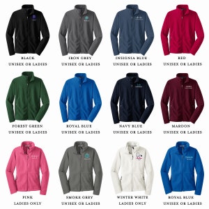 May include: A selection of fleece jackets in various colors, including black, grey, blue, red, green, maroon, pink, and white. The jackets feature a zipper closure and a variety of embroidered logos.