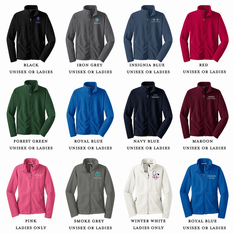 May include: A selection of fleece jackets in various colors, including black, grey, blue, red, green, maroon, pink, and white. The jackets feature a zipper closure and a variety of embroidered logos.