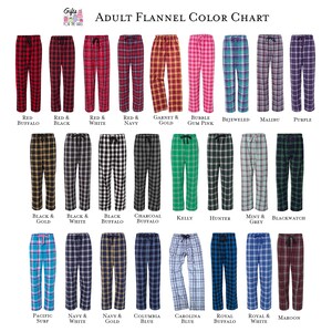K&ouml;nnte beinhalten: Farbkarte mit 20 verschiedenen karierten Flanell-Pyjamahose-Mustern. Die Muster umfassen rotes Buffalo, Schwarz und Gold, Marineblau und Wei&szlig;, Kellygr&uuml;n und mehr.