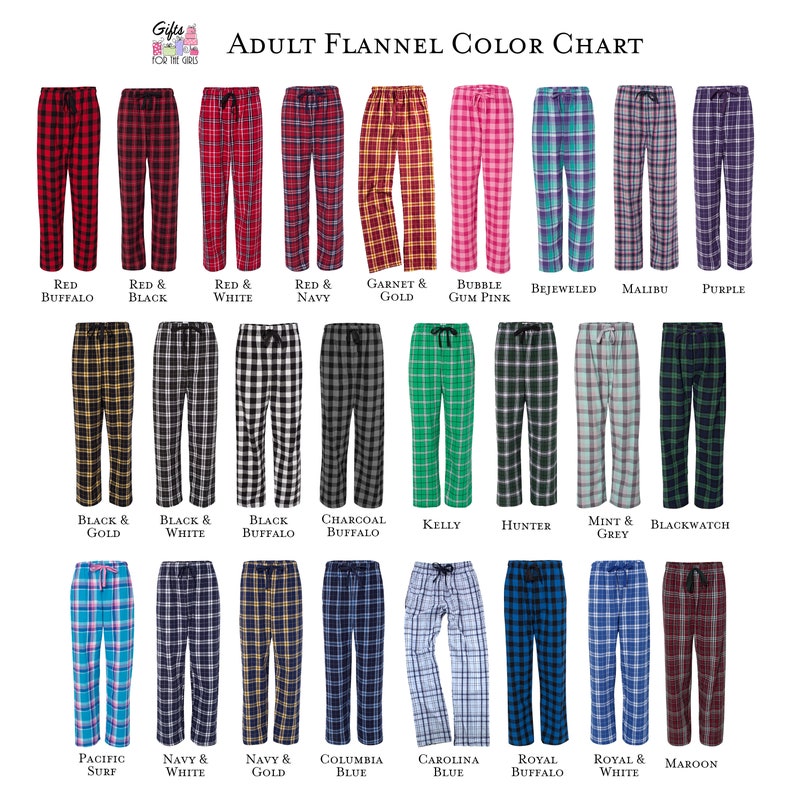 K&ouml;nnte beinhalten: Farbkarte mit 20 verschiedenen karierten Flanell-Pyjamahose-Mustern. Die Muster umfassen rotes Buffalo, Schwarz und Gold, Marineblau und Wei&szlig;, Kellygr&uuml;n und mehr.