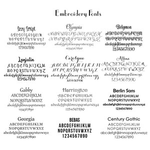 May include: A chart of embroidery fonts with the names of each font listed at the top of each sample. The fonts include Izzy Script, Olympia, Belymon, Lanjutin, Carolyna, Alfina, Gabby, Harrington, Berlin Sans, Georgia, Bebas, and Century Gothic. Each font sample includes the alphabet in uppercase and lowercase letters, as well as the numbers 1234567890.