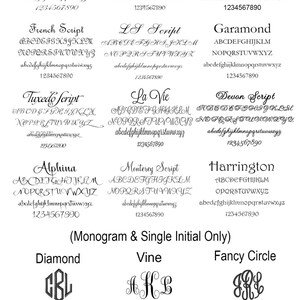 May include: A chart of different embroidery fonts, including Edwardian Script, Curlz, Block, French Script, LS Script, Garamond, Tuxedo Script, La Vie, Devon Script, Alphina, Monterey Script, and Harrington. The chart also includes examples of monogram and single initial fonts, including Diamond, Vine, Fancy Circle, Circle Block, and Intertwined Vine.