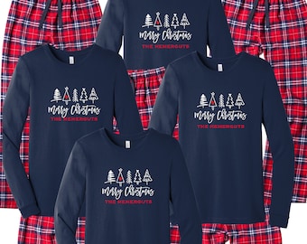Christmas Tree Pajamas, Personalized Family Pjs, Matching Family Pajamas, Xmas sleepwear, Merry Christmas 2023, buffalo plaid flannel