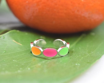 Stainless steel ring with enamel silver neon pink, green and orange
