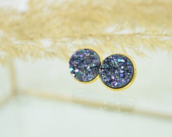 Gold Mineral Look Ice Blue Stud Earrings