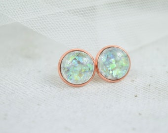 Stud earrings copper cabochon resin glitter oil foil, opal look, gemstone look