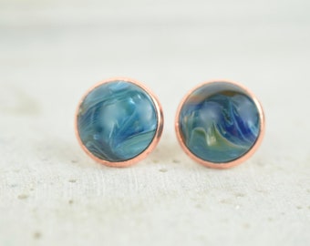 Stud earrings copper cabochon emerald green gemstone look