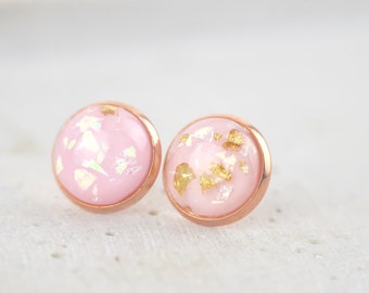 Stud earrings copper pink cabochon real gold leaf