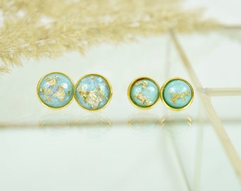 Stud earrings gold cabochon turquoise with gold foil