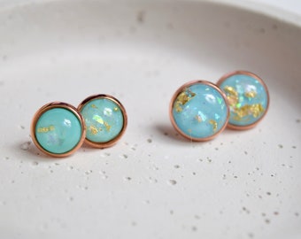 Earrings Copper Turquoise Cabochon real gold leaf- two sizes