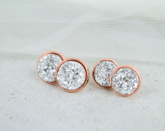 Stud earrings copper cabochon in Druze look light silver, two sizes