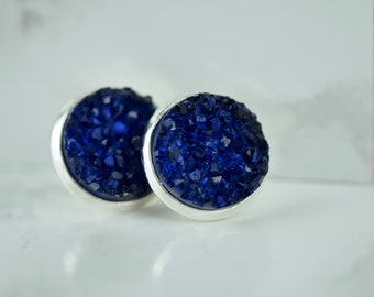 Stud earrings silver Druze look ink blue