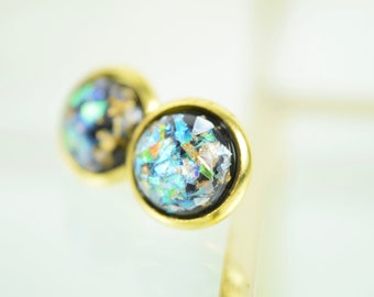 Stud earrings gold cabochon black with gold foil
