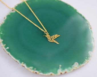 Necklace real silver gold plated 925 hummingbird, floral pattern, stylized hummingbird, balance, symbolism