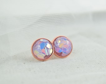Stud earrings copper cabochon glitter leaves lilac/pink ∅12 mm