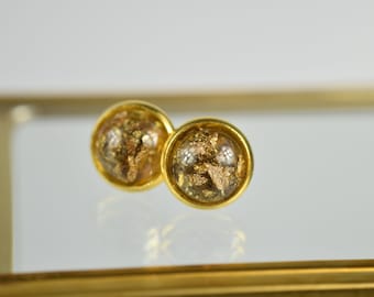 Gold stud earrings, gold leaf resin, embedded gold foil