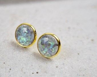 Stud Earrings Gold Cabochon Resin Glitter Oil Foil, Opal Look, Gemstone Look