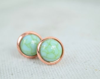 Stud earrings copper cabochon marble look, stone look, turquoise green